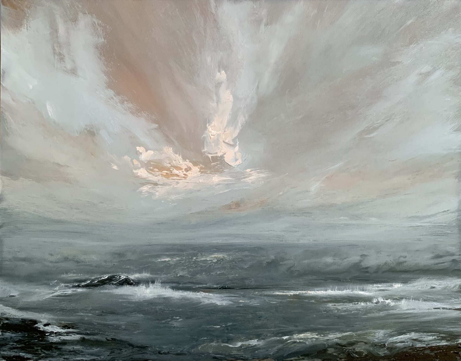 Original seascape oil painting by Tisha Mark, "A Little Light, At Last" 11"x14" oil on cradled gessobord (2024). Light emerges in an orange toned stormy sky over a stormy sea.