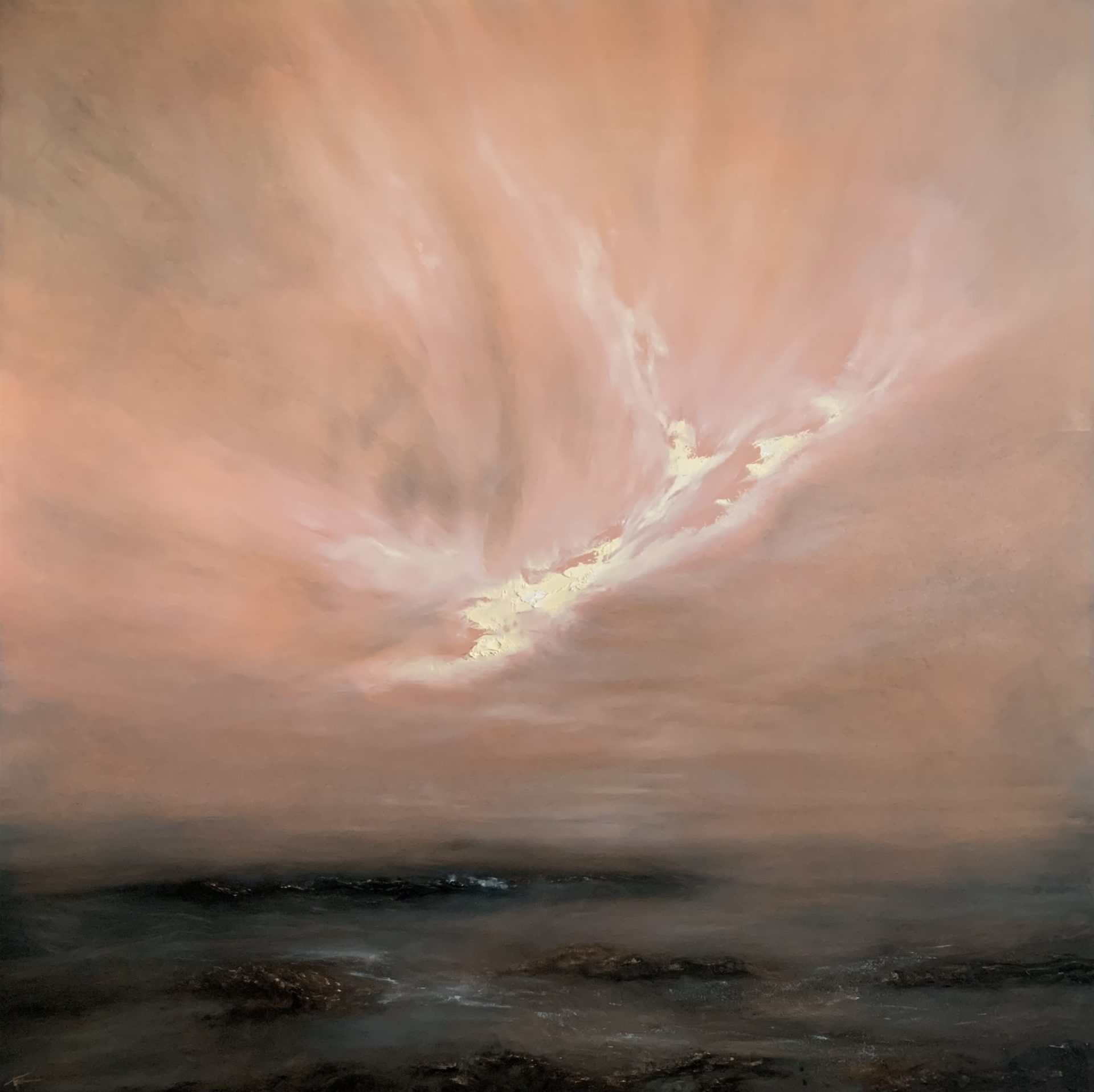 Original seascape oil painting by Tisha Mark, "After the Storm" 30"x30" oil on cradled gessobord (2024). Moody seascape with an orange-toned sky with light breaking through after a storm.