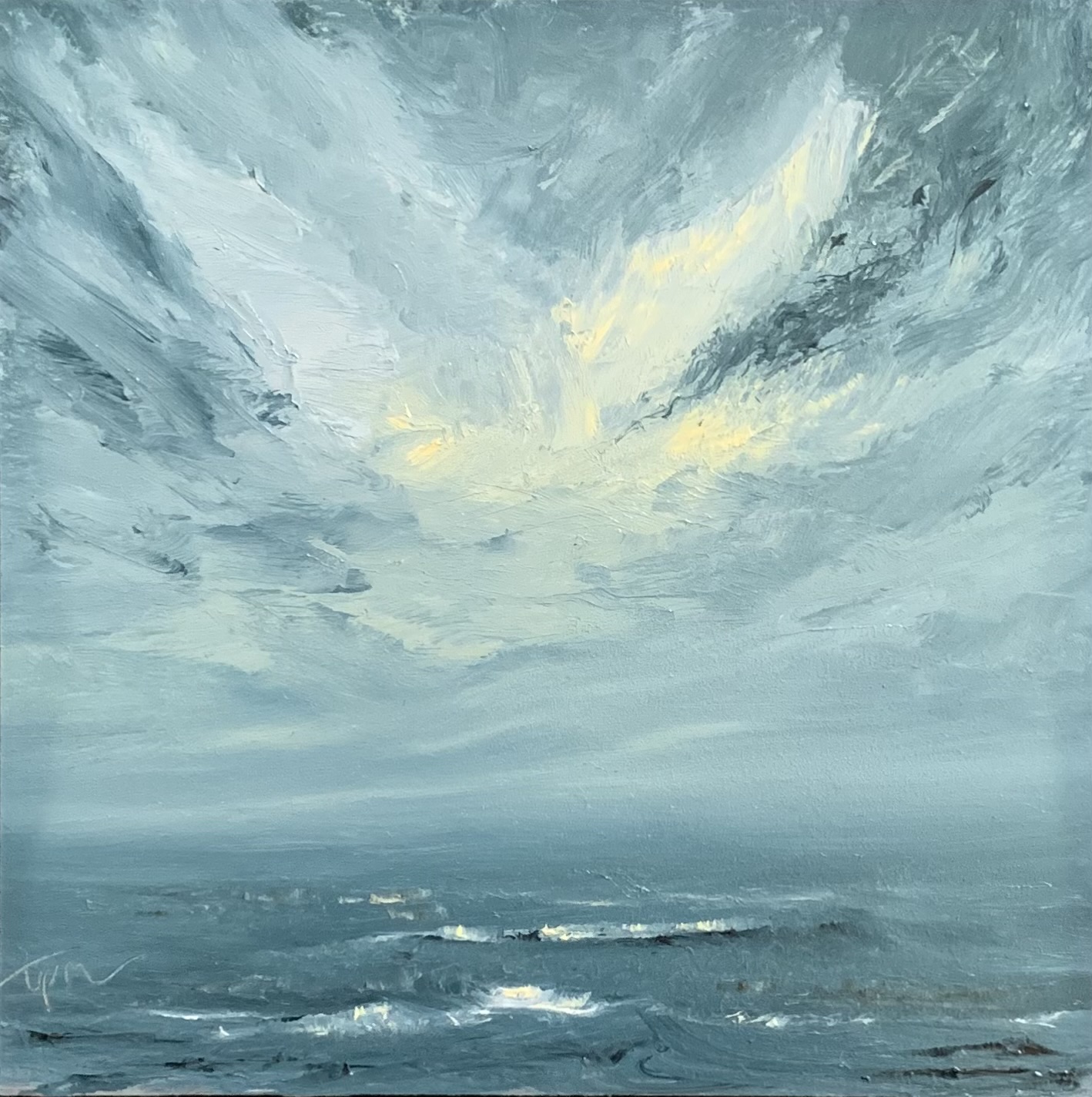 Original seascape oil painting by Tisha Mark, "Light At Last" 4"x4" oil on gessobord (2024). Light emerges in a stormy sky over a stormy sea.