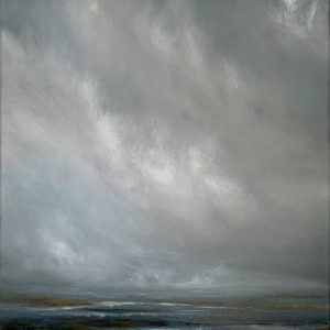Original coastal marsh oil painting by Tisha Mark, "Storm's End" 20"x16" oil on linen, 2024. A coastal marsh underneath a sky filled with storm clouds with light starting to shine through.