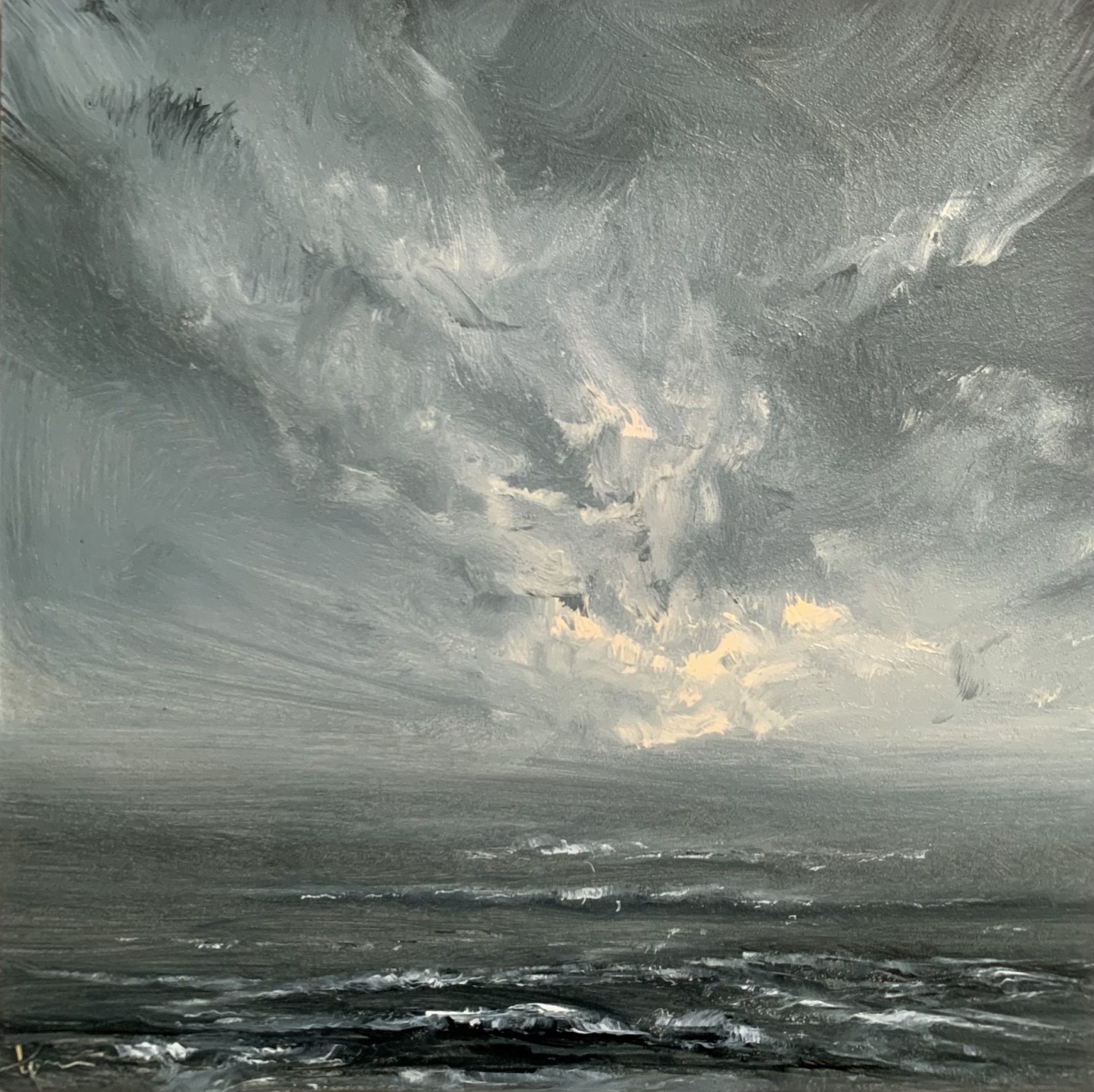Original seascape oil painting by Tisha Mark, "The Waiting" 6"x6" oil on gessobord (2024). Light emerges in a stormy sky over a stormy sea.