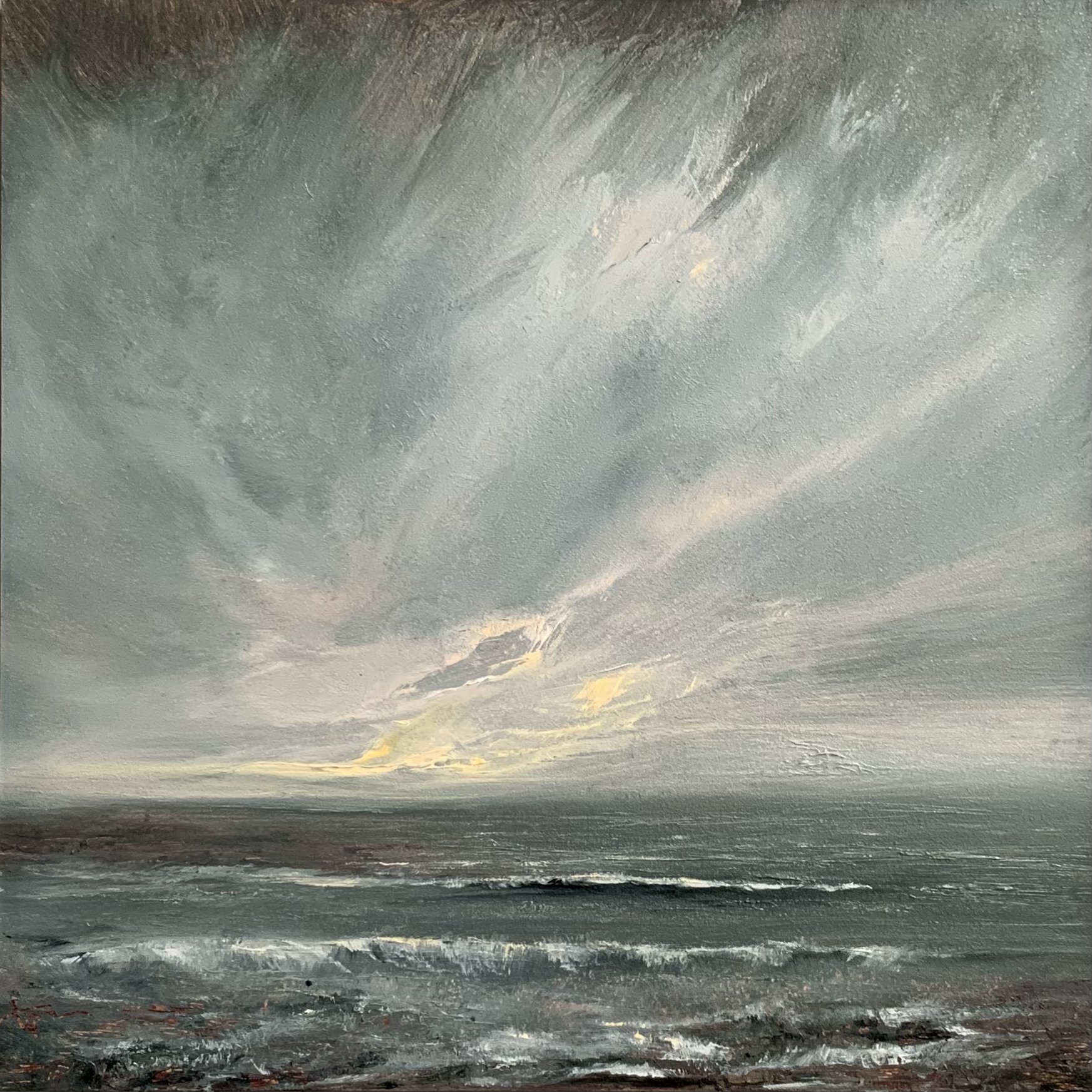 Original seascape oil painting by Tisha Mark, "The Watching" 6"x6" oil on gessobord (2024). Light emerges in a stormy sky over a stormy sea.