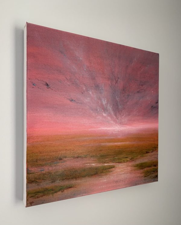 Original marsh landscape oil painting by Tisha Mark. "Possibilities" 16"x16" oil on canvas (2023). Painting of a coastal marsh underneath a brilliant pink sunrise or sunset sky. Shown here at an angle from left.