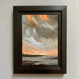 Original seascape oil painting by Tisha Mark, "Changeup" 7"x5" oil on linen panel (2024), shown here in a black traditional frame.