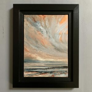 Original seascape oil painting by Tisha Mark, "Curveball" 7"x5" oil on linen panel (2024), shown here in a black traditional frame.