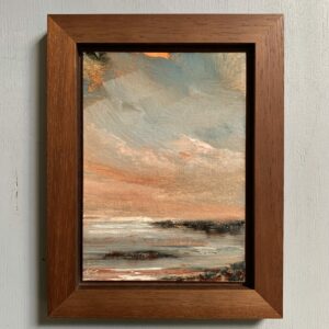 Original seascape oil painting by Tisha Mark, "Slider" 7"x5" oil on linen panel (2024), shown here in a brown panel float frame.