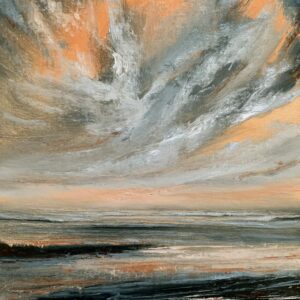 Original seascape oil painting by Tisha Mark, "Sweeper" 12"x12" oil on linen panel (2024). Seascape painted with an orange-toned sunset sky with textured clouds moving over a rocky coast.