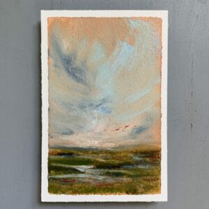 Original marshland oil painting by Tisha Mark, "Early Spring Marsh" 6"x4" oil on Arches paper (2024). Painting of an early spring marsh with grasses in various greens and reddish tones, underneath an orange-toned sunset sky. There are cloud formations in various blues.
