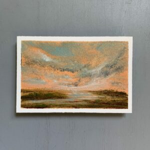 Original marshland oil painting by Tisha Mark, "Marsh at Dusk" 4"x6" oil on Arches paper (2024). Painting of an early spring marsh with grasses in various greens and reddish tones, underneath an orange-toned dusky sky. There are cloud formations in various blues.